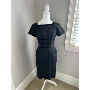 JACK SQUIRE Vintage 50s Black Cotton & Eyelet Lace  wiggle Dress Size  6/8‎
